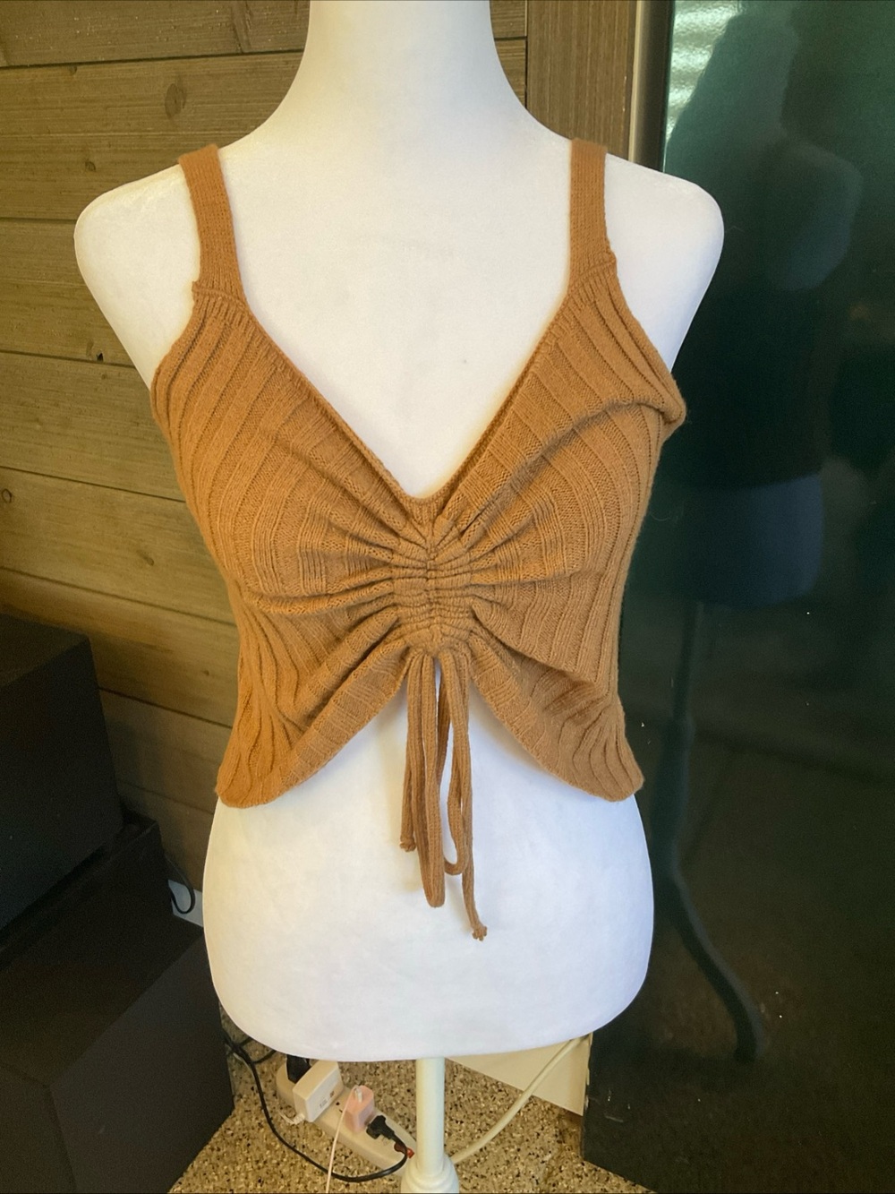 Zaful Rust Ribbed Ruched Drawstring Crop Cami